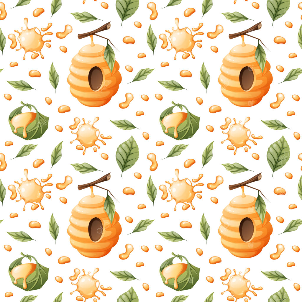 پترن یکپارچه با قطرات عسل، کندوها و برگ‌ها مناسب برای کاغذ دیواری، پارچه و کاغذ