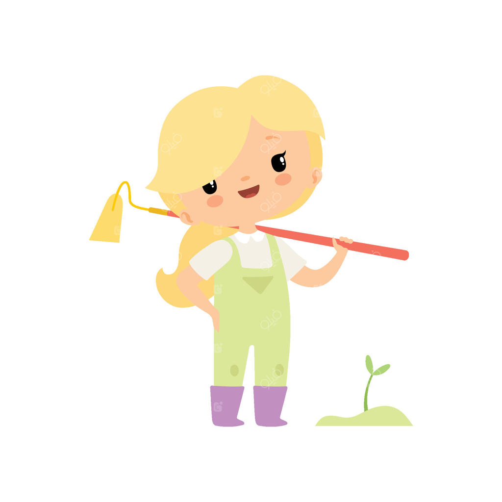 دختر کشاورز بامزه با لباس کار و چکمه‌های پلاستیکی در حال کار در باغچه - شخصیت کارتونی دختر باغبان