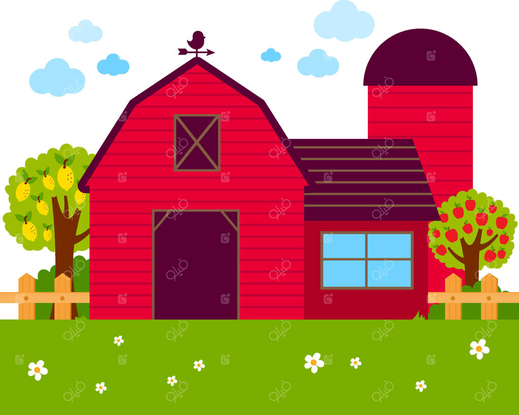 پس‌زمینه روستایی با خانه کشاورز و باغی از درختان سیب و لیمو. انبار در مزرعه همراه با خانه کشاورزی، حصار و درختان باغ.