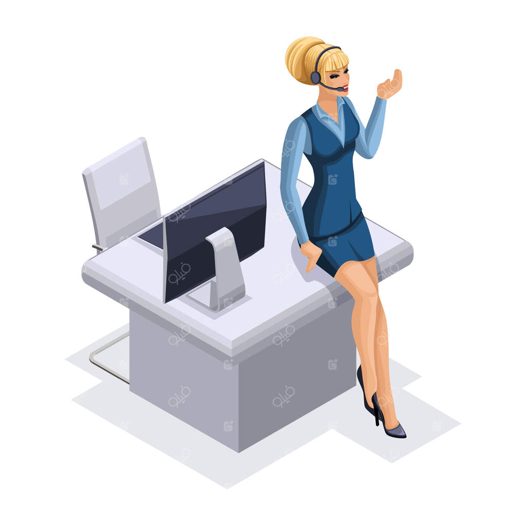 بانوی کارآفرین با گجت‌ها، کامپیوتر و هدست مرکز تماس، پذیرش سفارشات آنلاین، تصویرسازی