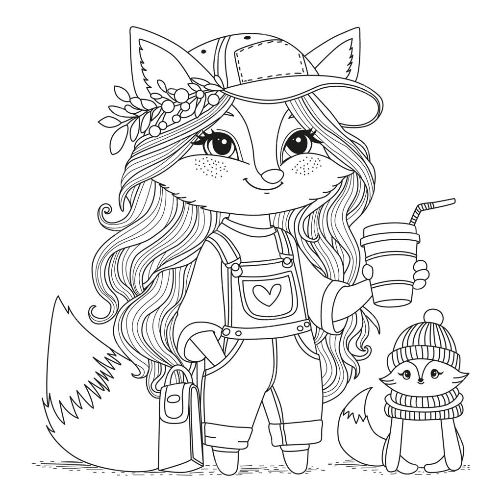 روباهی بامزه با کلاه و لباس جین در حال قدم زدن و یک لیوان قهوه در دست. صفحه رنگ‌آمیزی.