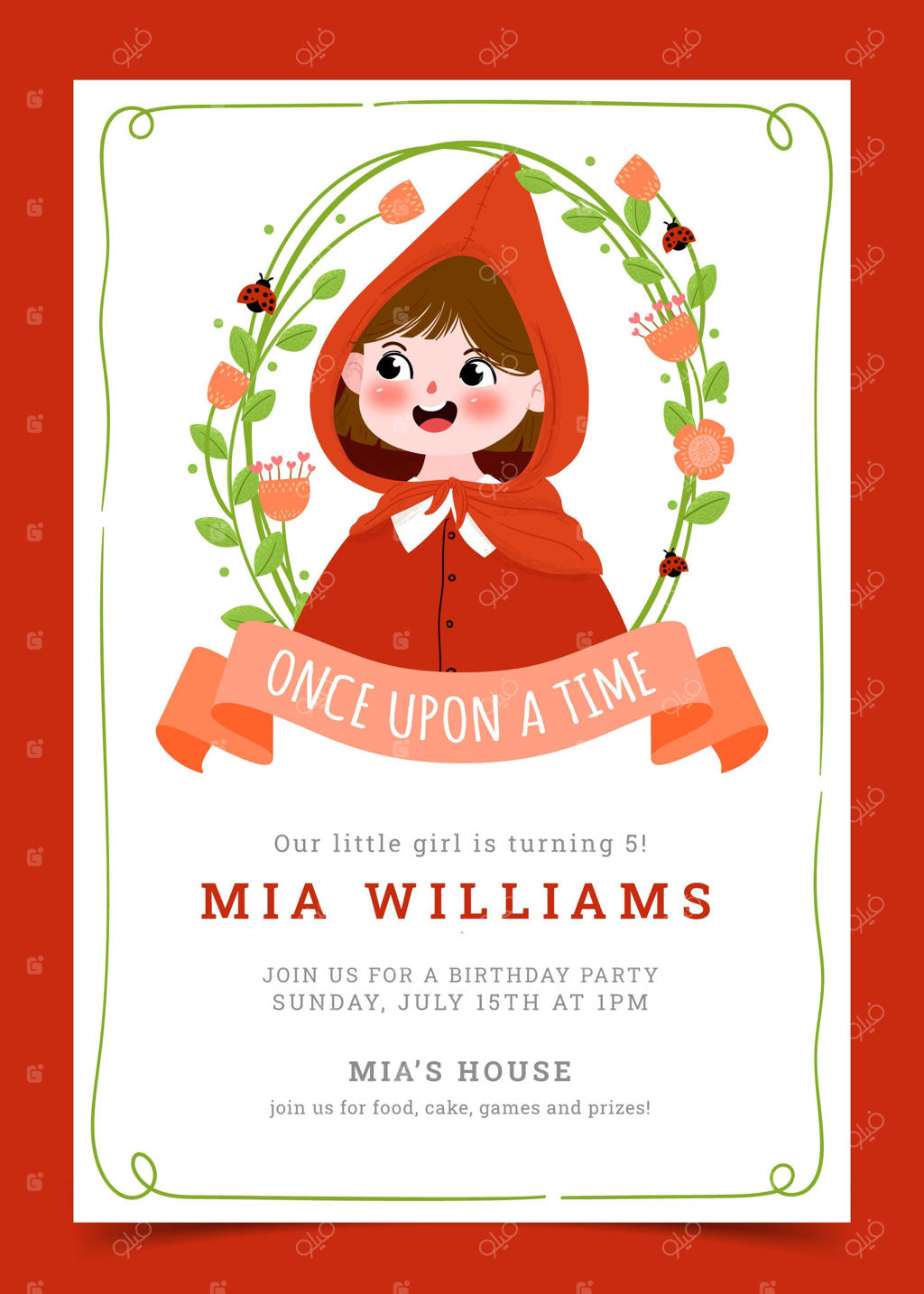 کارت دعوت تولد با طرح شنل قرمزی نقاشی شده