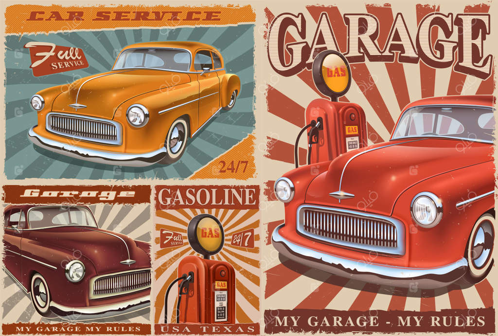 مجموعه‌ای از تابلوهای فلزی ماشین‌های کلاسیک