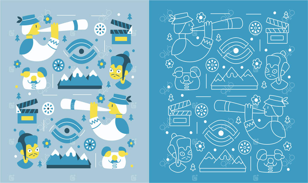 تصویری کارتونی از شخصیت با دوربین، به رنگ‌های آبی و سفید