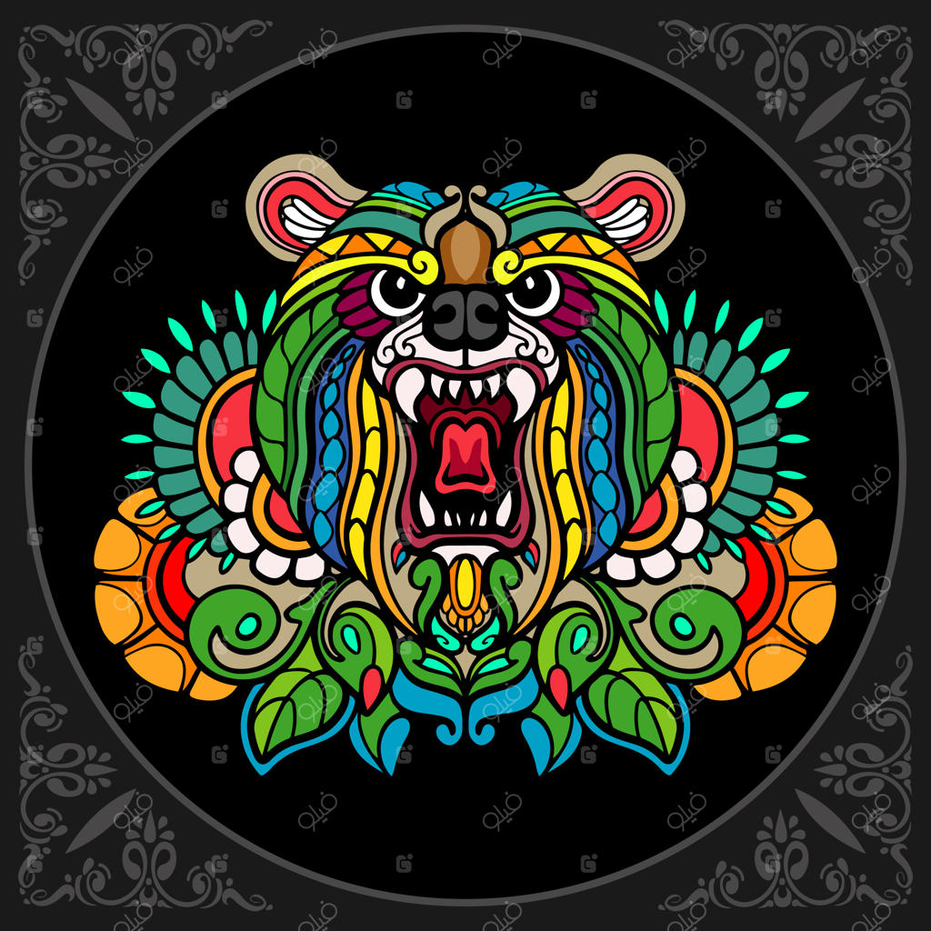 هنرهای رنگارنگ زنتانگل از خرس گریزلی بر زمینه مشکی