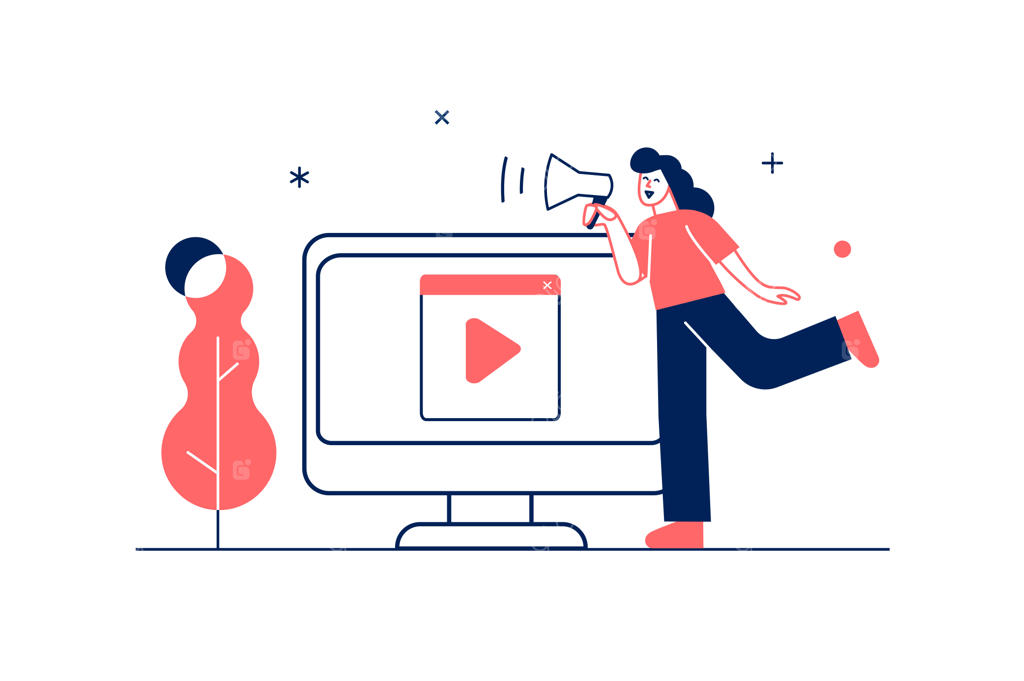 مفهوم بازاریابی به سبک طراحی خطی با صحنه‌ای از زن با بلندگو که مشتریان جدید را جذب می‌کند و محتوای ویدئویی وایرال را در شبکه‌های اجتماعی برای ترویج کسب‌وکار به اشتراک می‌گذارد - تصویرسازی وکتور برای وب سایت.