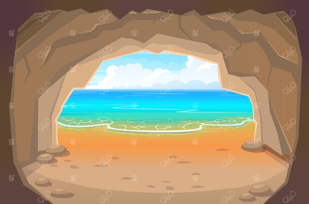 جزیره استوایی با پانوراما و خروجی غار سنگی