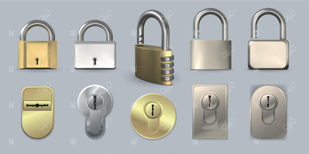 قفل‌ها و سوراخ‌های کلید مدرن و واقعی از جنس فلز و طلا. قفل رمزی سه‌بعدی با رمز عددی. مجموعه‌ای از قفل و سوراخ کلید ایمن و برداری