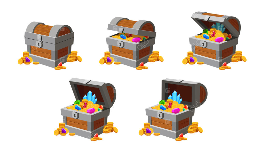 انیمیشن باز شدن صندوق گنج: جعبه پول بازی با سکه‌های طلا، الماس‌ها و کریستال‌ها. تصویرسازی کارتونی از صندوق‌های دزدان دریایی بسته و باز. انیمیشن گنج قدیمی و عتیقه.