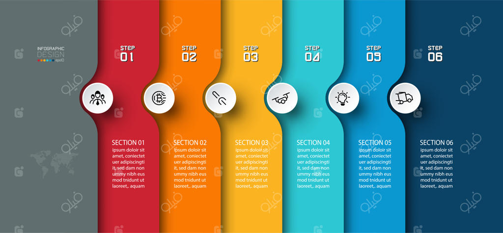 طراحی اینفوگرافیک افقی با فلش نیم‌دایره‌ای