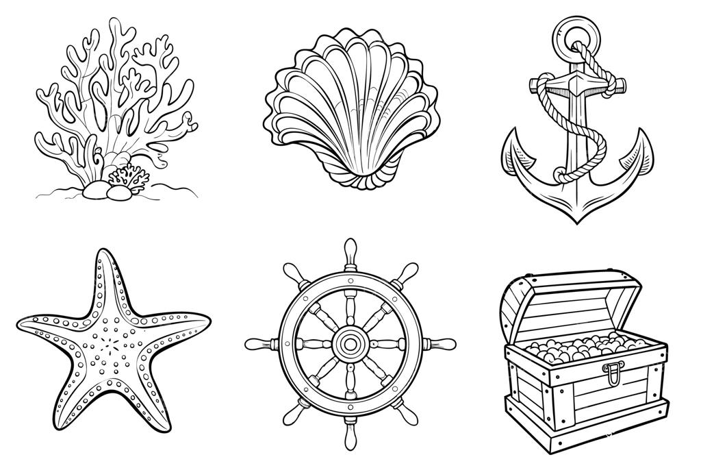 مجموعه‌ای از طرح‌های گیاهان و اشیای دریایی: صخره‌ مرجانی، صندوقچه، صدف