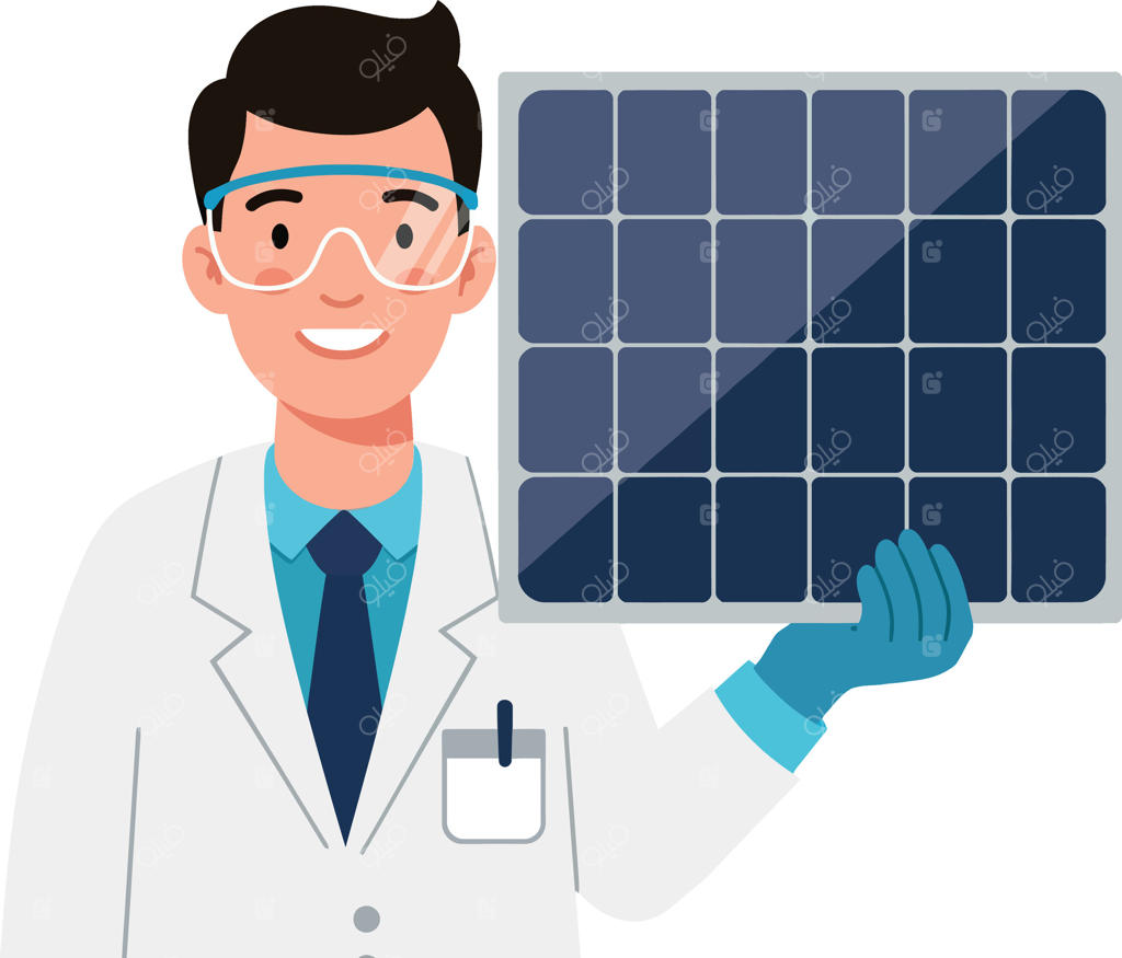دانشمندی در حال نگه‌داشتن پنل خورشیدی در آزمایشگاه - تصویرگری تخت با نمایش انرژی‌های تجدیدپذیر