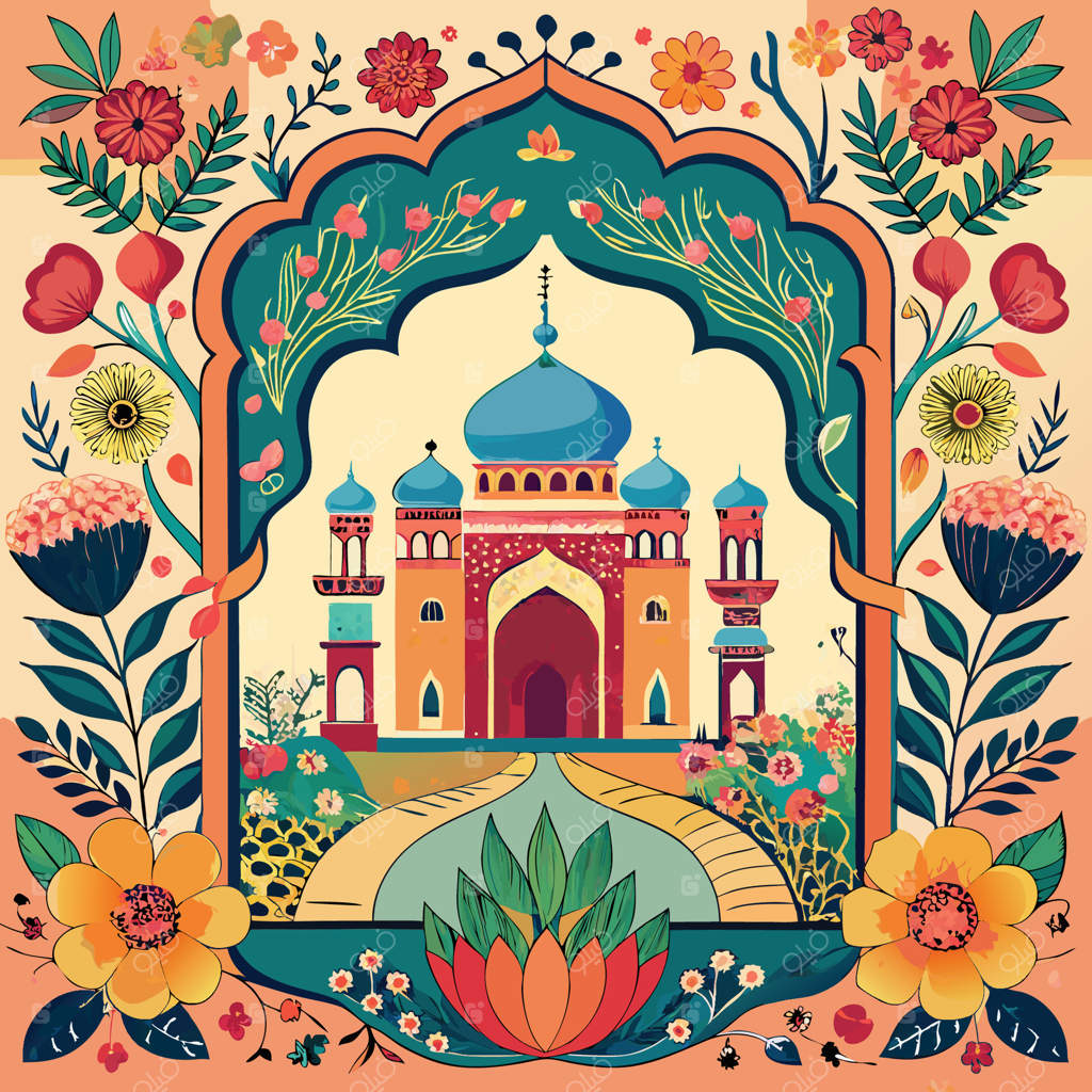 قاب کاخ الگو دار مغولی با طاووس‌های باشکوه در باغی سرسبز