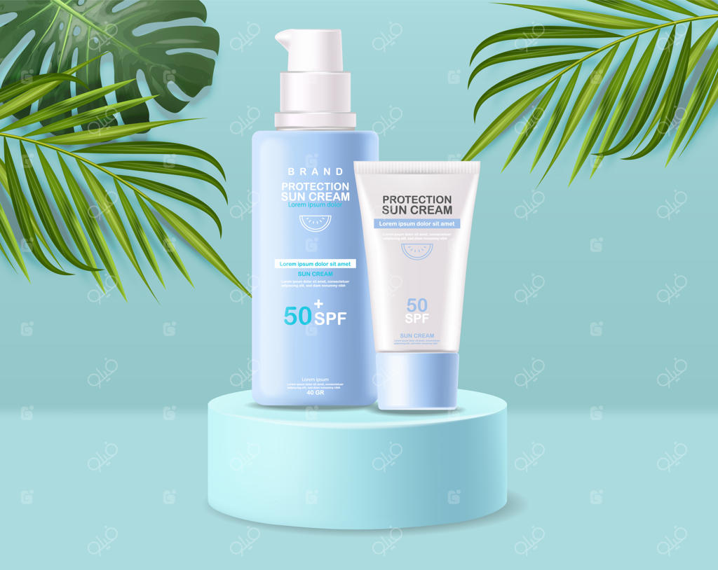 بطری کرم ضد آفتاب سه‌بعدی واقعی، بنر گرمسیری، کرم محافظ در برابر آفتاب با SPF 50، تصویرگری لوازم آرایشی تابستانی