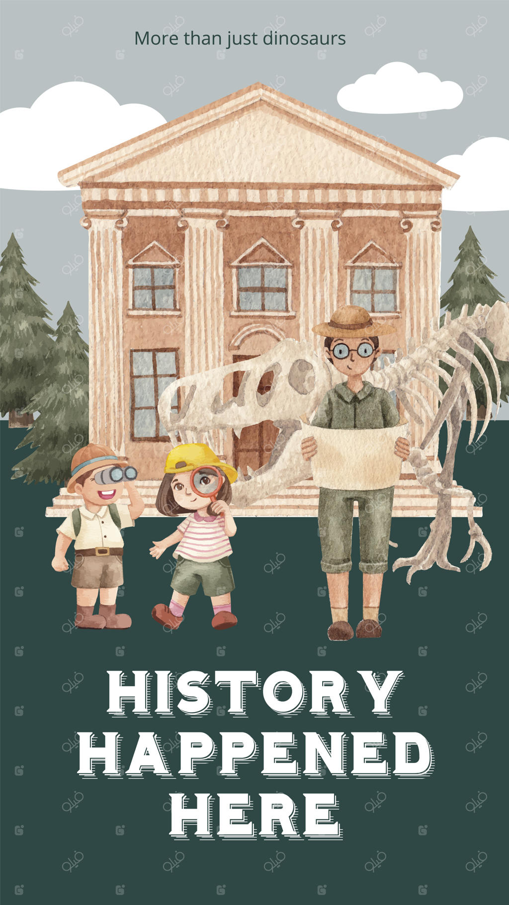 قالب استوری اینستاگرام با طرح باستان‌شناسی فسیل‌ها به سبک آبرنگ