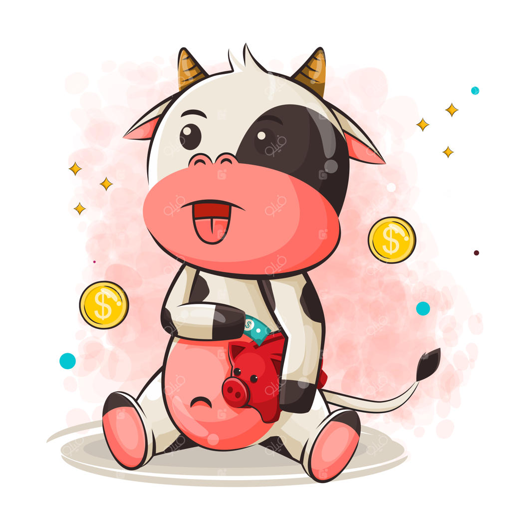 تصویر کارتونی گاو بامزه در حال پس‌انداز کردن پول