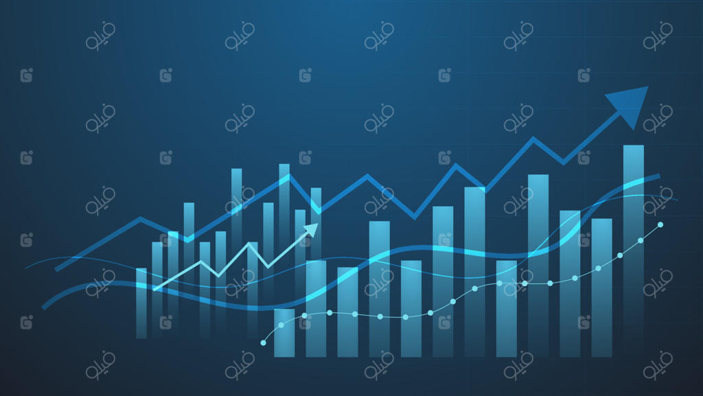 مفهوم نمودار معاملات بورس و ارز دیجیتال، نمودار شمعی و میله‌ای با شاخص حجم برای آمار مالی و مدیریت درآمد در پس‌زمینه آبی