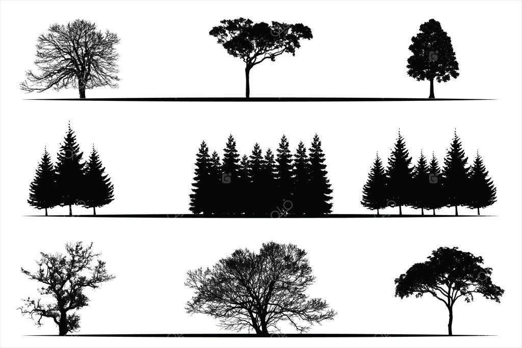 مجموعه سیلوئت درخت و جنگل با سبک وینتیج، تک‌رنگ و ایزوله