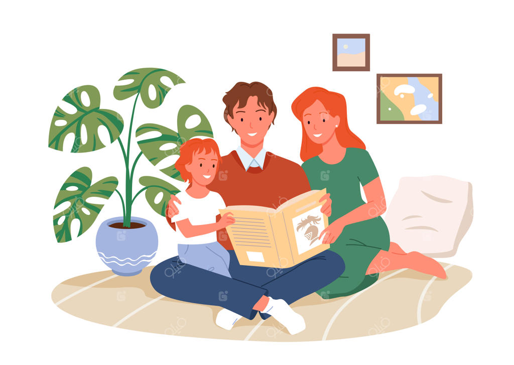 کتاب خواندن پدر و مادر خوشحال برای فرزندشان در کنار هم