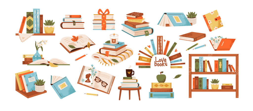 کتاب‌ها، دفترچه‌ها، و کتاب‌های درسی همراه با نشانک برای مطالعه و درس خواندن. مجموعه‌ای از ادبیات. تصویر مسطح و دل‌نشین از کتاب‌ها روی قفسه با گلدان‌های گل