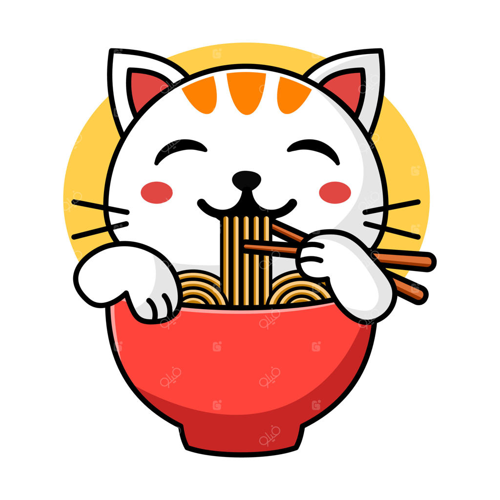 تصویرسازی یا لوگوی گربه‌ای که نودل می‌خورد