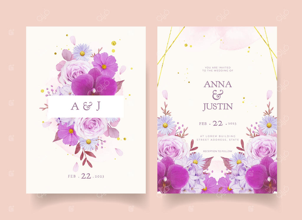 کارت دعوت عروسی با طرح گل رز بنفش و ارکیده آبرنگی