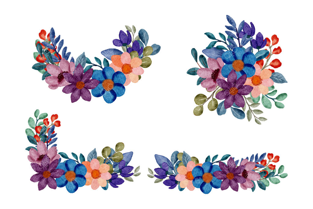 دسته گل زیبا و برگ‌های تزئینی به سبک آبرنگی