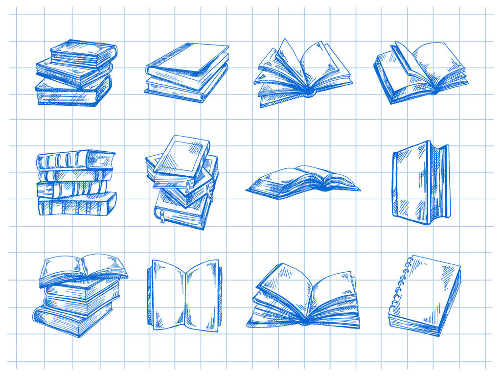 مجموعه‌ای از نقاشی‌های دستی ابزار‌های مدرسه و دفتر. طرح کتاب‌ها به سبک قدیمی و مفصل. عناصر طراحی کلاسیک. بازگشت به مدرسه.