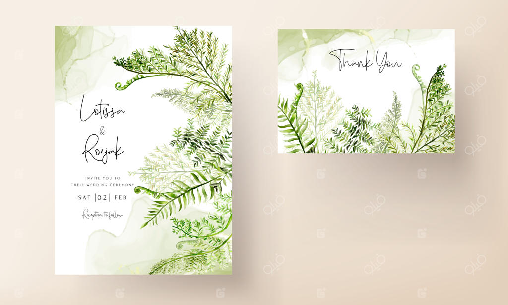 کارت دعوت عروسی با طرح زیبای آبرنگی برگ‌های سرخسی سبز