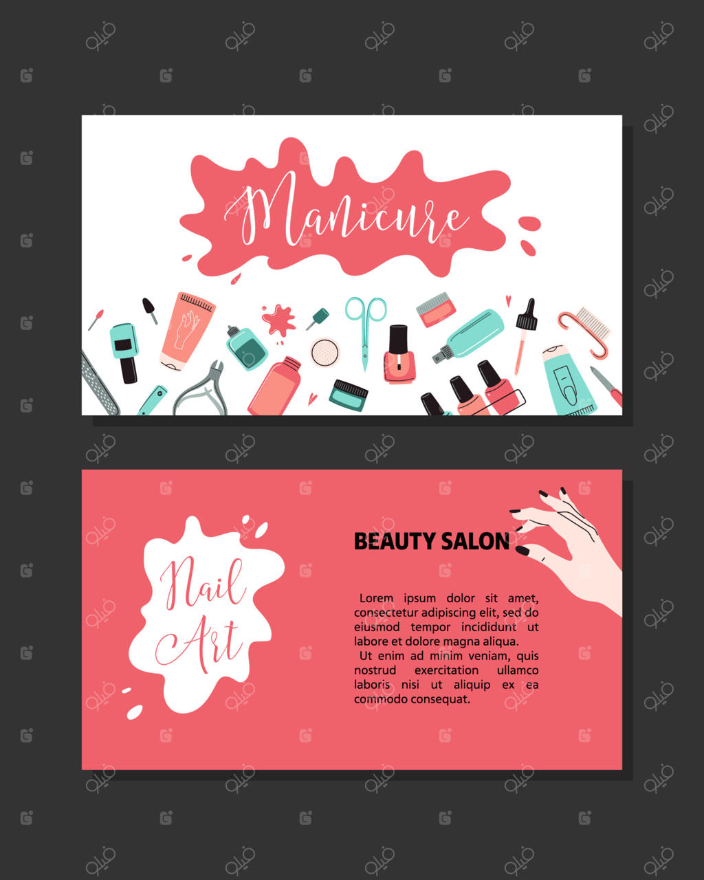 مفهوم مانیکور: استودیو و سالن زیبایی. سربرگ سایت، بنر، کارت ویزیت، بروشور و تراکت. تصویرسازی کارتونی وکتور