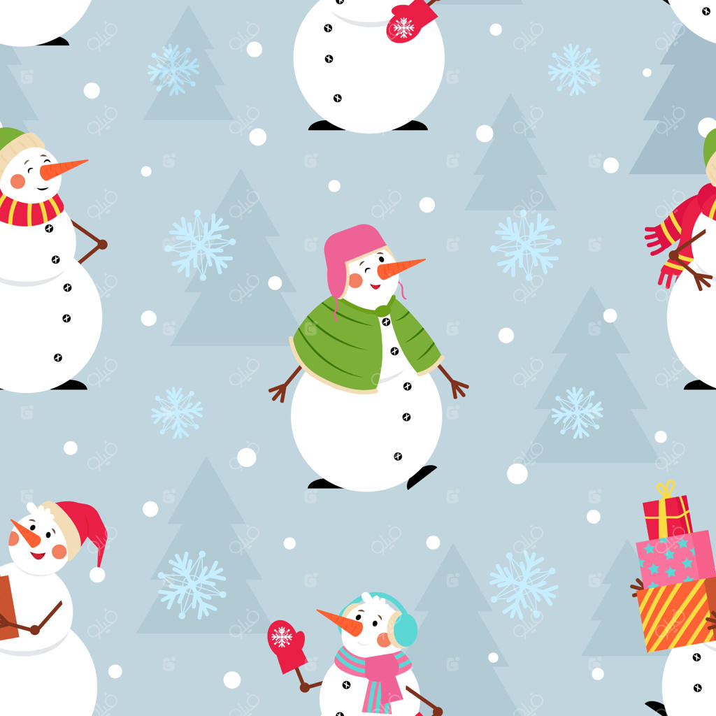 پترن آدم برفی کریسمس: درخت اکس‌مس و شخصیت‌های بامزه‌ی زمستانی برای چاپ لباس کودکان در فصل تعطیلات، طرح برداری زیبا و یکپارچه