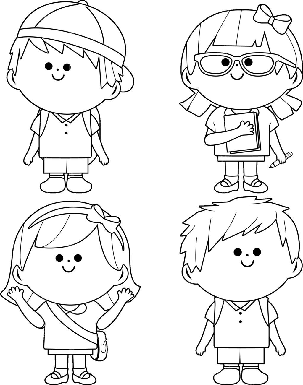 کودکان خردسال در مدرسه: گروهی شاد از بچه‌ها با کوله‌پشتی، کیف و کتاب. پسران و دخترانی که به مهدکودک، دبستان یا پیش‌دبستانی می‌روند. صفحه رنگ‌آمیزی سیاه و سفید