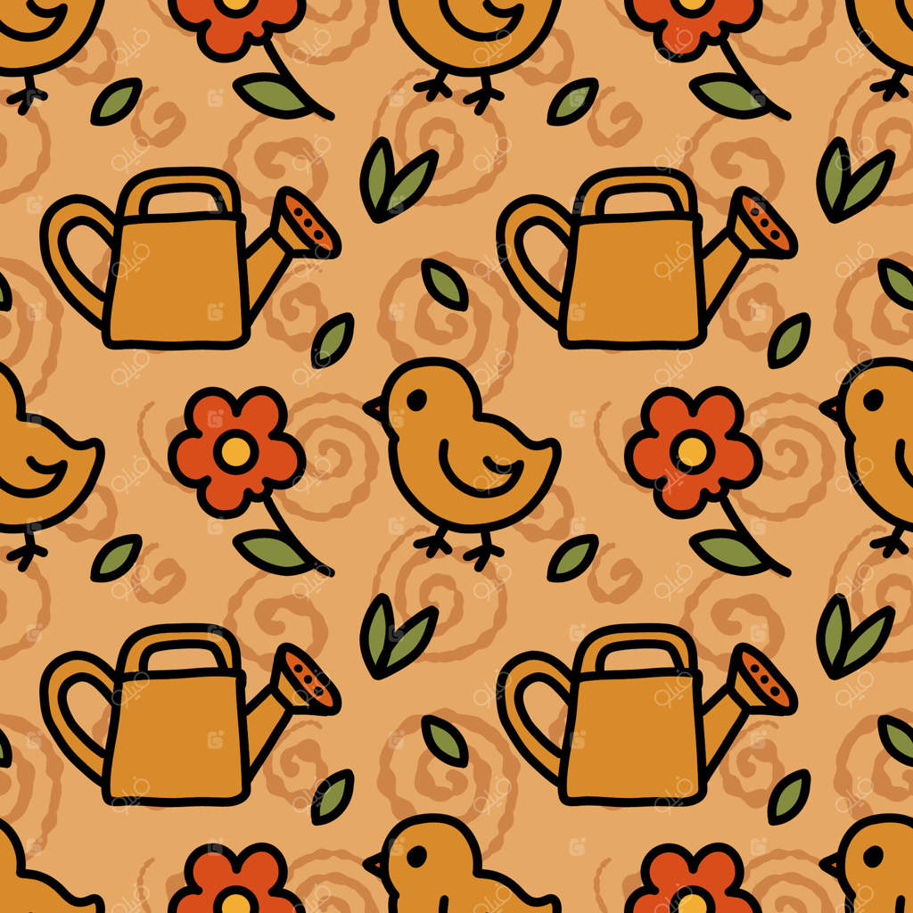 چاپ گل‌های باغ به شکل مرغ و آب‌پاش، پترن یکپارچه، پس‌زمینه گرم و طبیعی، کاغذ کادو.