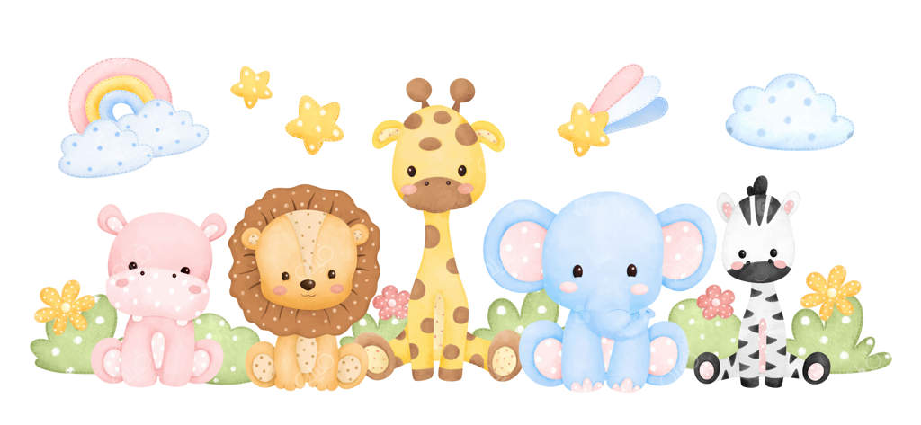 ایلاستریشن آبرنگی: حیوانات سافاری عروسکی در باغچه