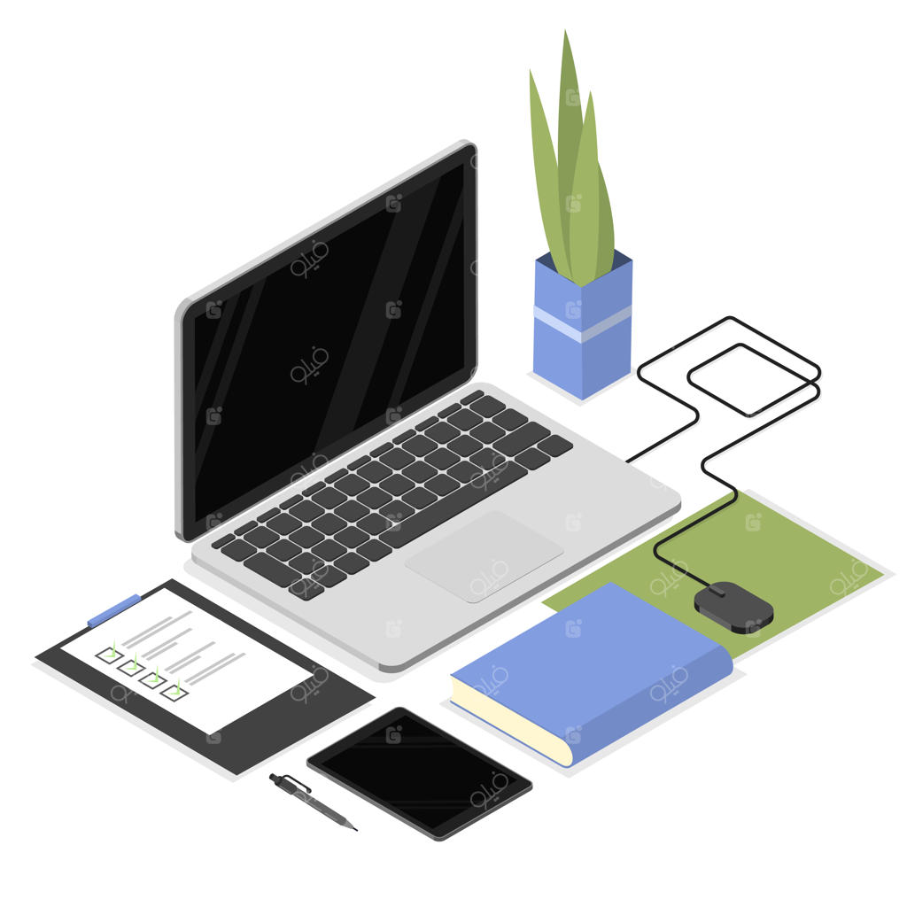 فضای کار ایزومتریک با لوازم اداری شامل لپ‌تاپ، تبلت، اسناد، موس و گلدان؛ میز کار کارمندی و دانشجویی، ایزوله