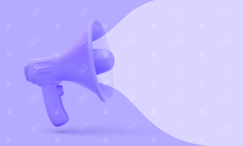 مفهوم تبلیغاتی با مگافون سه‌بعدی و بادکنک‌های گفتار.