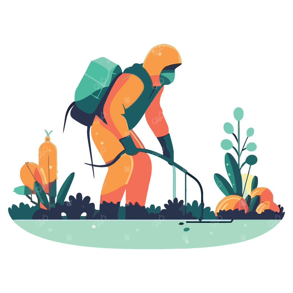 مردی با لباس نارنجی در حال تمیز کردن باغ با اسپری است