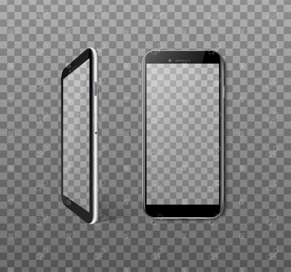 مجموعه آیکون برداری واقعی گوشی هوشمند از نمای جلو و کنار با پس‌زمینه شفاف