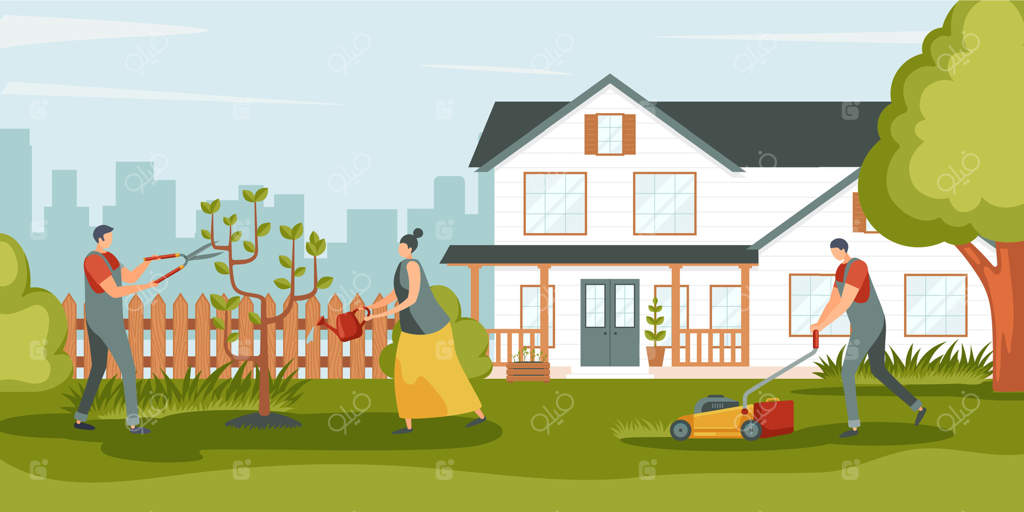 باغبانی مردم: رسیدگی جوانان به باغ، آبیاری و هرس درخت و چمن. رشد نهال‌ها. محیط سبز. تصویرسازی ساده