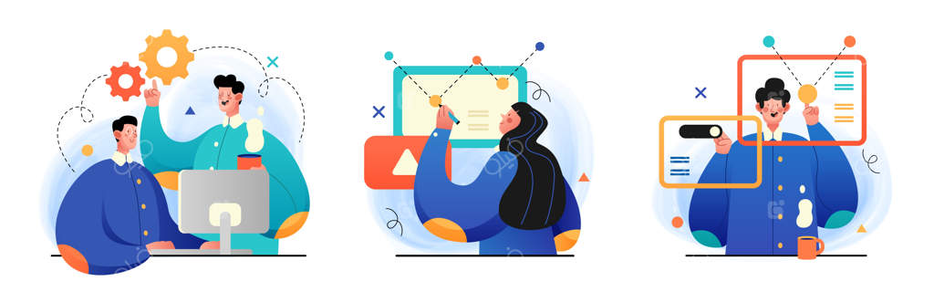 طراحی و توسعه تصاویر: مجموعه ای از تصاویر مفهومی با برنامه نویسان و طراحانی که در یک دفتر شرکت مشغول به کار هستند. ایده‌آل برای طراحی وب، بنر، اپلیکیشن موبایل و صفحه فرود. وکتور