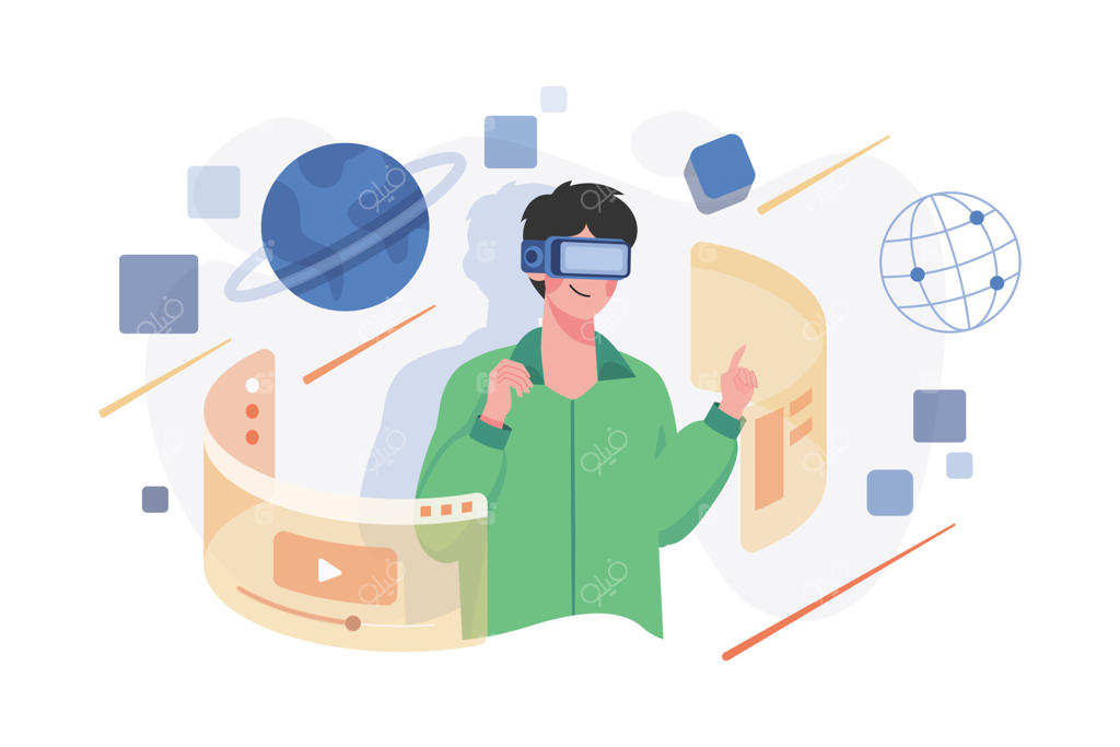 طرح مفهومی تصویرسازی متاورس. یک تصویرسازی تخت (فلت) در پس‌زمینه سفید.