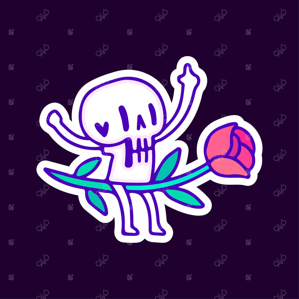 کارتون جمجمه‌ی شیرین سوار بر گل رز - طرحی برای تی‌شرت و برچسب