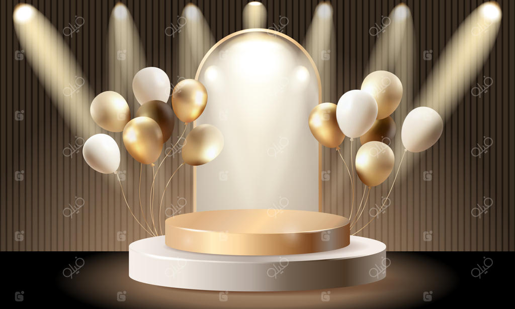 صحنه لوکس با بادکنک‌ها و نورافکنی: سکوی طلایی با پس‌زمینه‌ سه‌بعدی و شیک برای نمایش محصول