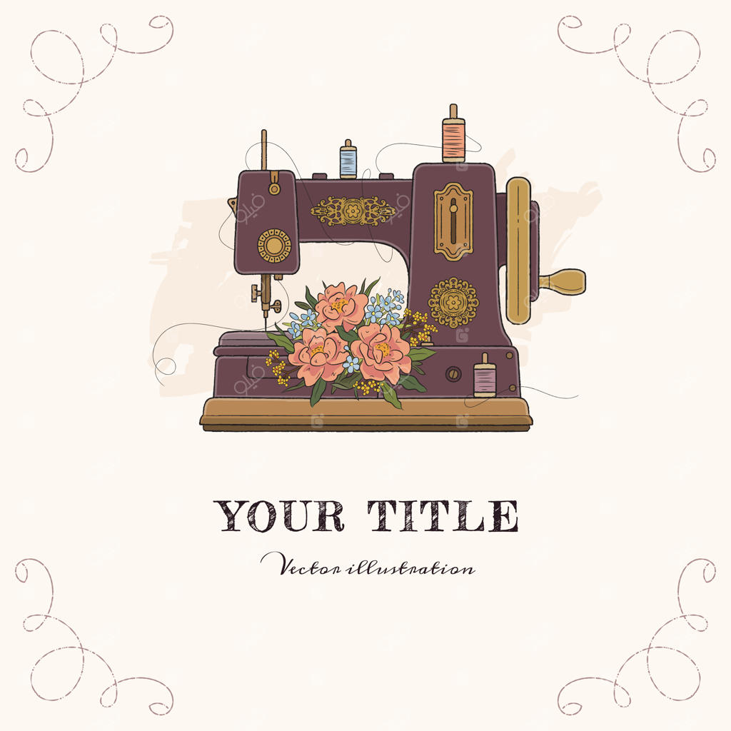 تصویر دست‌کشیده چرخ خیاطی و گل‌ها