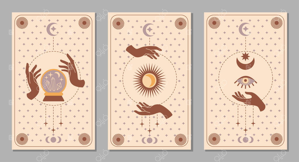 مجموعه اسرارآمیز بوهو: دستان زنانه و نمادها، هلال ماه، توپ کریستالی، چشم، ستاره، خورشید برای کارت تاروت. تصویرسازی وکتور جادویی ساده. نشانه‌های مدرن و مینیمالیستی برای طراحی لوازم آرایشی و پس‌زمینه