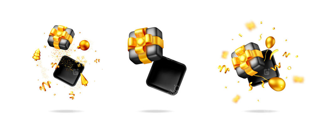 جعبه کادو و هدیه طلایی برای جشن‌ها. کارت تبریک یا بنر مناسب تعطیلات. مفاهیم سال نو، کریسمس و تولد.