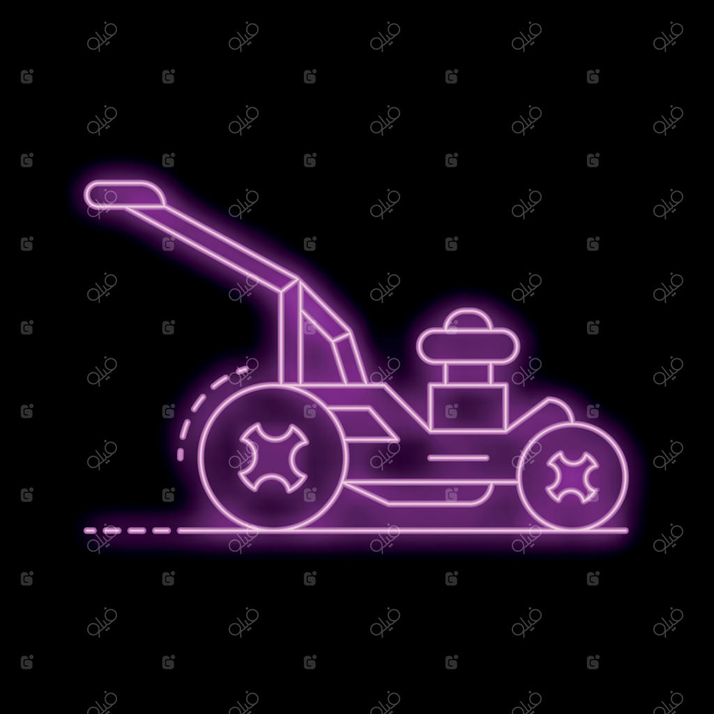 تابلو نئونی از چمن‌زن در حال چیدن چمن در شب باغ