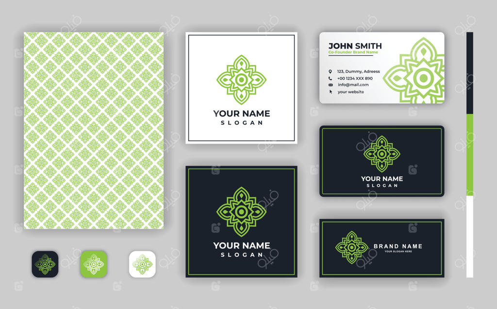 ست مدرن لوازم‌التحریر شرکتی با فایل وکتور قالب ماندالا، عناصر تزیینی گل‌دار و رنگارنگ عربی، کارت ویزیت و سربرگ