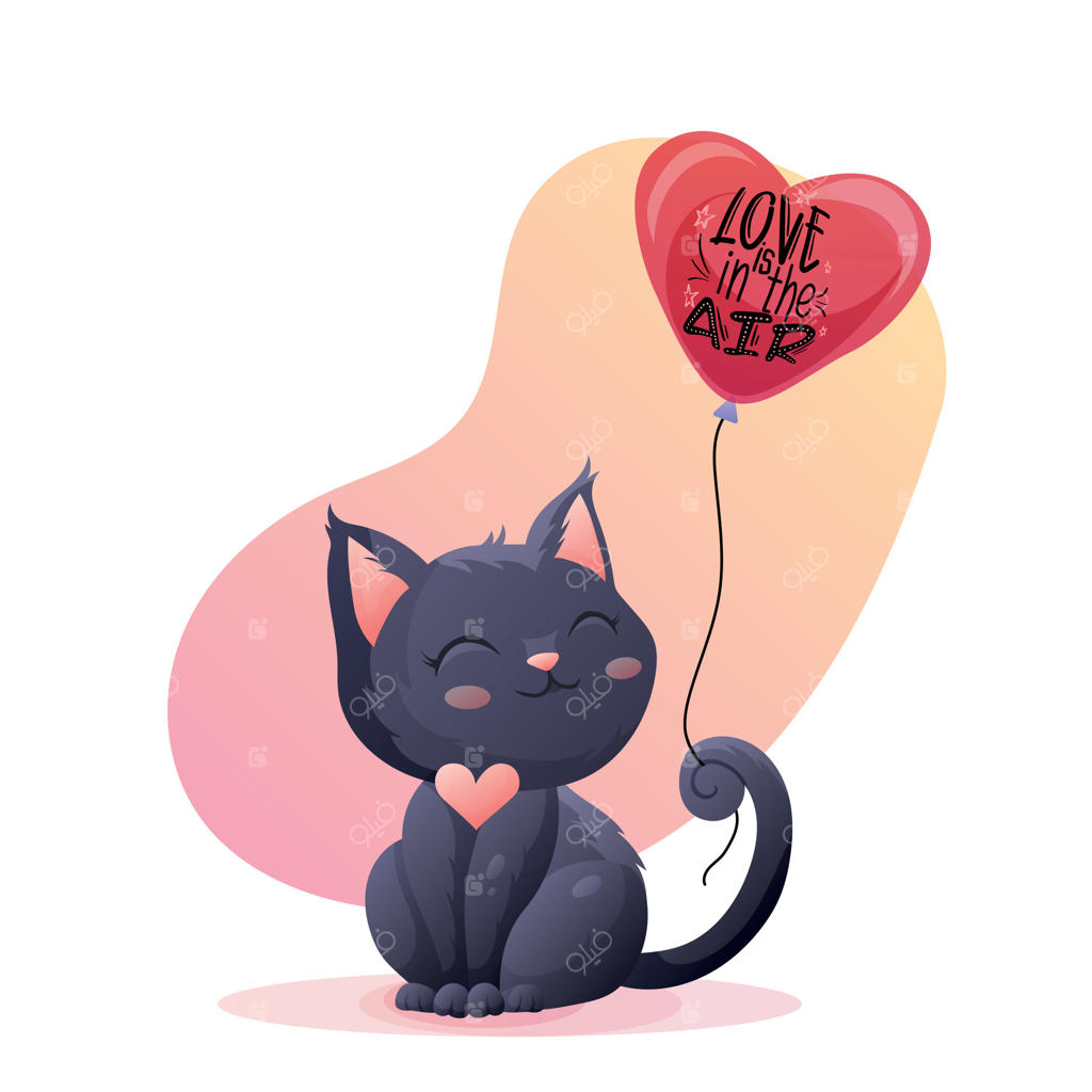 تصویر گربه سیاه بامزه با بادکنک قلبی و نوشته عشق در هوا بر روی زمینه سفید
