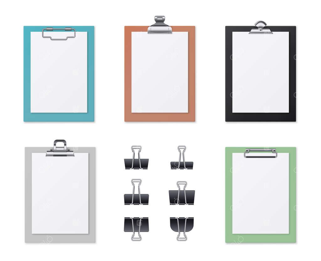 تخته‌های واقعی با کاغذهای سفید و گیره. تخته‌گیره‌های مناسب برای ارائه کسب‌وکار یا آموزشی. مجموعه نگهدارنده مدارک و اسناد. تصویرسازی تخته گیره خالی و تبلت‌های بیزنسی